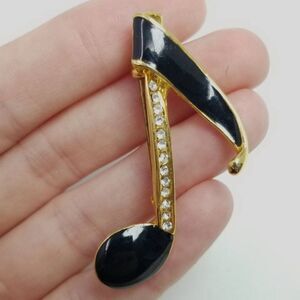 Vintage Eigth Note Shape Brooch, Black Enamel Rhinstone Gold Tone Setting Pin